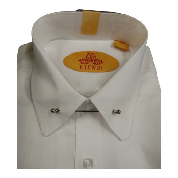 MEN'S ROBERT LEWIS WHITE 100% COTTON ROUNDED TIE PIN COLLAR DRESS SHIRT. RL592D. - Picture 3 of 6